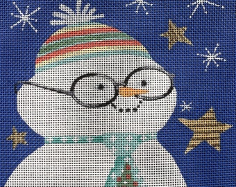 Needlepoint Handpainted CHRISTMAS Kim Leo NERDY Snowman 8x8 -Free US Shipping!!!