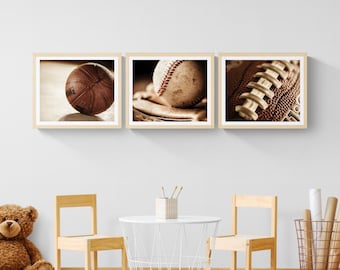 Sports Wall Art, Set of 3 Prints: Basketball, Football, Baseball, Vintage Sports Decor | Print or Canvas