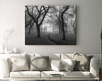 Misty Forest, Black and White Photography, Oak Trees in Fog Fine Art Landscape on Print, Canvas or Metal wall art