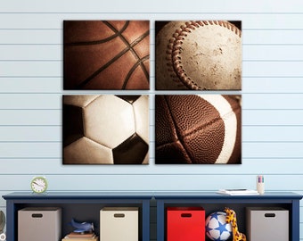 Large wall art, Sports, Canvas art, Home decor, Teen room decor, Set of 4 on Canvas, Basketball Football Baseball Soccer