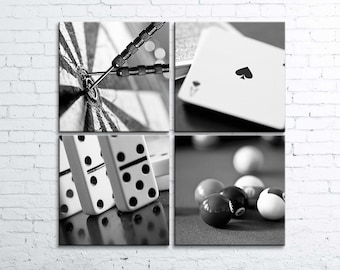 Canvas Game Room Wall Art, Set of 4 Canvas Prints in Classic Black and White, Ready to Hang. Includes Darts, Dominoes, Cards and Billiards