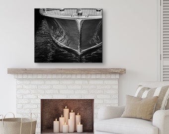 Nautical Art, Lake House Decor, Black & White Vintage Boat Art on Print, Canvas or Metal