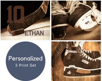 Personalized Hockey Gift, Set of 3 Prints, Hockey Decor, Hockey Player Gift, Kids room art, Teen Room Sports art