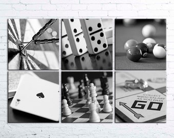 Game Room Decor, Canvas Wall Art Set of 6, Black and White Photography, Board Game Home Decor, Playroom art