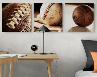 Sports Wall Art, Set of 3 Canvas Sports Prints, Basketball, Football, Baseball, Vintage Sports Decor
