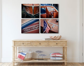 Vintage Boat Canvas Art, Set of 4 photographs on Canvas, Lake house decor, Nautical wall art