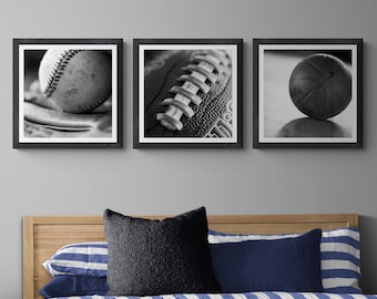 Sports Wall Art Print Set, 3 Piece Decor for Teen Boys or Kids Room | Basketball, Football, Baseball