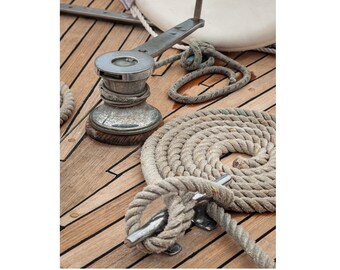 Nautical Decor, Boat Deck, Rope & Cleat Fine Art Photography, Coastal Boat Art, Vintage Wooden Sailboat decor