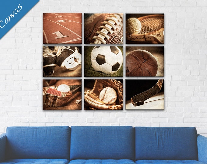 Sports decor 9 Canvas Set, Vintage sports Canvas art for Game or Kids Room, Basketball, Hockey, Track, Soccer & more