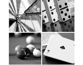 Game room Art Prints Set of 4, Home decor wall art, Billiard decor, Man cave, Pool table art, Game Room Set in Black & White or Sepia
