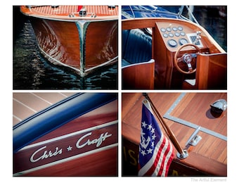 Vintage Boat Print Set, Set of 4 photographs, Classic Woodys, Lake house decor, Nautical wall art