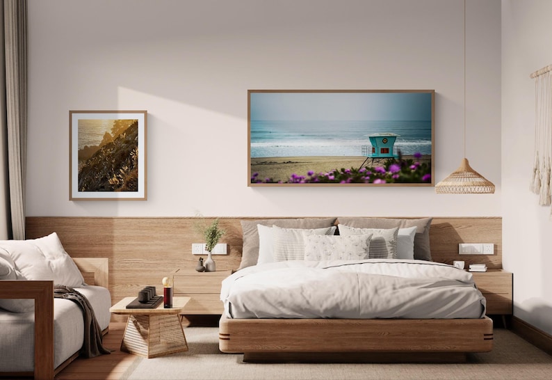 California Coastal Wall Art, Lifeguard Tower on Monterey Bay's Sunset Beach, Large Artwork Panorama | Print, Canvas or Metal afbeelding 2