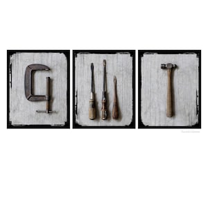 Vintage Tool Wall Art, Garage Decor, Gift for Dad Workshop,  Man Cave Decor, Old Rusty Tools Set of 3 Prints