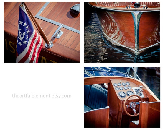 Nautical art Coastal decor Chris craft wall art Wood Boat Set of 3 prints Large art / Classic wood boat picture series