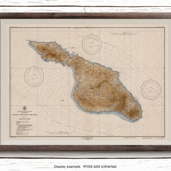 Nautical Map of Santa Catalina Island, Vintage Nautical Chart, California Beach House Decor, Antique Map Wall Art on Print and Canvas