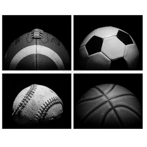 Vintage Sports Pictures on Black, Set of 4 Prints, Sports Decor, Boys Bedroom Art, Football, Basketball, Soccer, Baseball