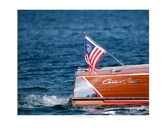 Nautical Decor, Classic Vintage Wooden Boat Stern with Flag Print, Coastal Wall Art, Lake House Decor | Print, Canvas or Metal