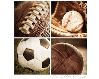 Vintage Sports Wall Art, Set of 4: Basketball, Football, Baseball, Soccer, Great for Kids room | Print or Canvas