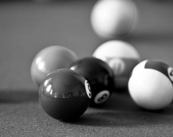 Billiards Wall Art, Game Room Decor, Pool Table Art, Black and White Photography on Print, Canvas or Metal