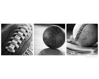Black and White Sports Art, Sports Wall Art Prints, Kids Room Art, Set of 3 Photographs, Basketball Football Baseball Sports Decor