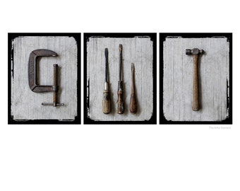 Vintage Tool Wall Art, Garage Decor, Gift for Dad Workshop,  Man Cave Decor, Old Rusty Tools Set of 3 Prints