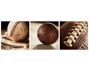 Sports Wall Art, Set of 3 Sports Prints, Basketball, Football, Baseball, Vintage Sports Decor