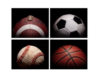 Vintage Sports Pictures on Black, Set of 4 Prints, Sports Decor, Boys Bedroom Art, Football, Basketball, Soccer, Baseball