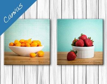 Canvas Kitchen wall art, Kitchen decor, Food photography, Colorful kitchen, Strawberry, Canvas set, Summer Fruit art