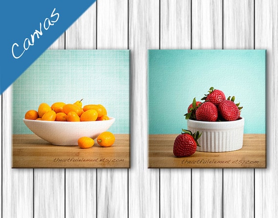 Canvas Kitchen wall art, Kitchen decor, Food photography, Colorful kitchen, Strawberry, Canvas set / Summer Fruit art