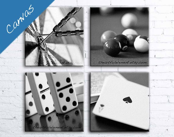 Game room decor Canvas art Billiard room decor Poker art Black and white canvas Pool art Set of 4 / Game room canvas set