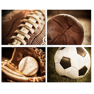 Sports Art Prints, Vintage Sports, Kids room Decor, Print set, Set of 4 photographs, Basketball, Football, Baseball, Soccer