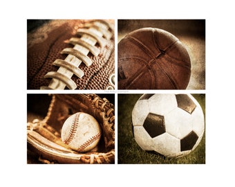 Sports Art Prints, Vintage Sports, Kids room Decor, Print set, Set of 4 photographs, Basketball, Football, Baseball, Soccer