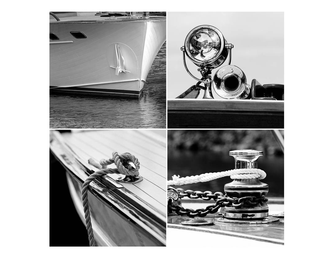 Vintage Wooden Boat Print Set, 12x12 Boating Artwork in Black and White