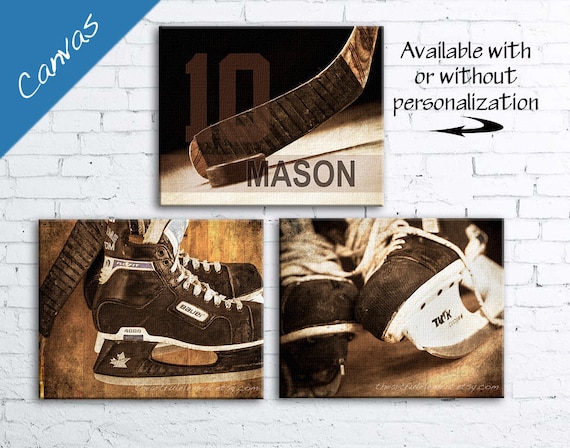 Hockey art Canvas Set, Personalized gift, Hockey decor, Sports decor, Boys room / Vintage Hockey Set