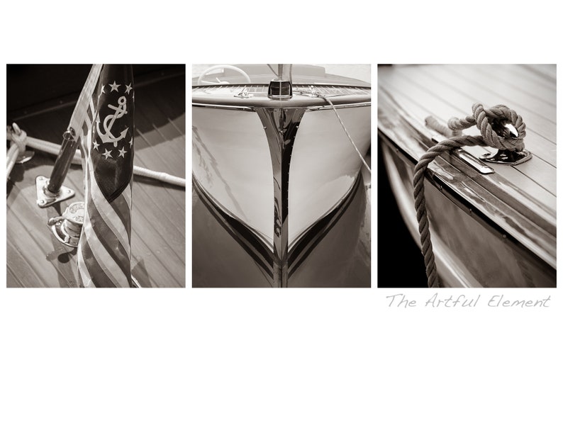 Lake House Art Vintage Wooden Boat Set of 3 Prints Nautical Decor Sepia Vintage Boat Print Set
