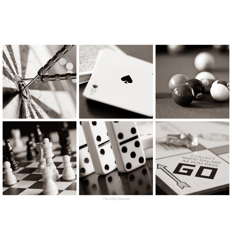 Game room decor, Home decor prints, Play room wall art, Board game art, Set of 6 prints, Classic Games Photo Set, Black & White or Sepia image 2