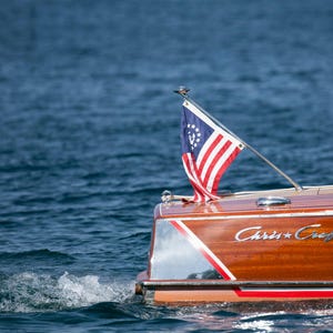Nautical decor, Classic Wooden Boat Print, Coastal Art, Lake house decor, Wall Art Canvas, Vintage Boat Stern and Flag