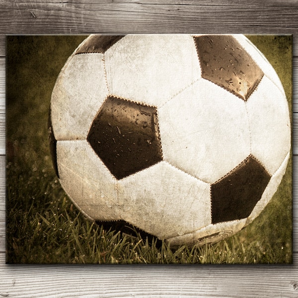 Soccer Ball on Grass Art Print, Tween Boys Room Decor, Vintage Soccer Theme Sports Art on Print, Canvas or Metal