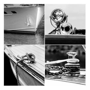 Vintage Wooden Boat Print Set, 12x12 Boating Artwork in Black and White, Nautical Boating Gift for him