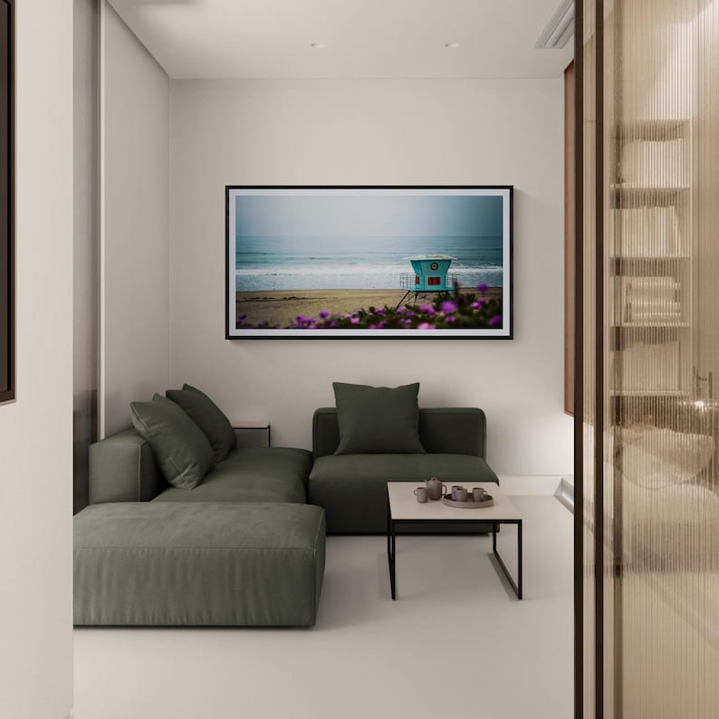 California Coastal Wall Art, Lifeguard Tower on Monterey Bay's Sunset Beach, Large Artwork Panorama | Print, Canvas or Metal afbeelding 3