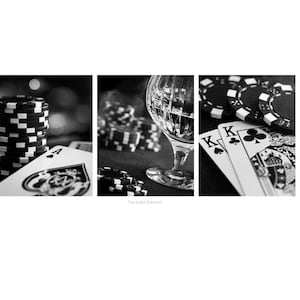 Poker Art, Set of 3 Prints, Game Room Decor, Poker Night, Man Cave Wall Art, Playing Cards and Chips Artwork