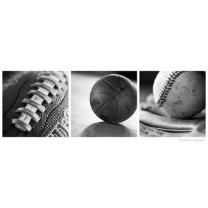 Black and White Sports Art, Sports Wall Art Prints, Kids Room Art, Set of 3 Photographs, Basketball Football Baseball Sports Decor