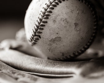 11x14 Baseball Print, Sepia Baseball and Glove Photograph, Sports Decor for Boys Room