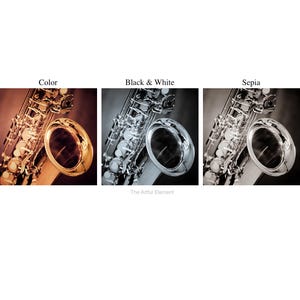 May include: Three images of a saxophone in different color treatments: color, black & white, and sepia. The color image shows a brass saxophone with a warm, golden hue. The black and white image presents the saxophone in shades of gray. The sepia image has a vintage feel.