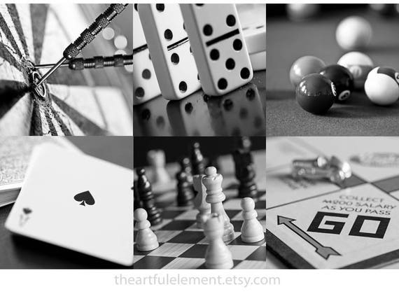 Game room decor, Home decor prints, Play room wall art, Board game art, Chess, Set of 6 prints / Classic games photo set