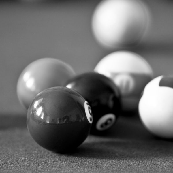 Billiards Wall Art, Game Room Decor, Pool Table Art, Black and White Photography on Print, Canvas or Metal