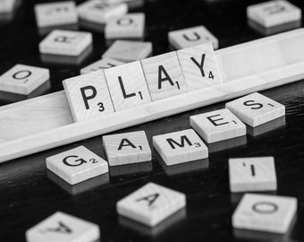 Game Room Decor, Scrabble Wall Art, Classic Board Game Black and White Photography, Home decor Wall Art for Play Room