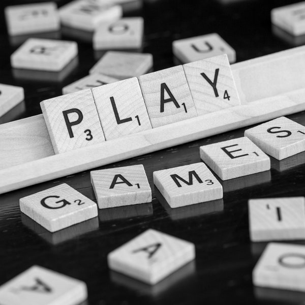 Game Room Decor, Scrabble Wall Art, Classic Board Game Black and White Photography, Home decor Wall Art for Play Room