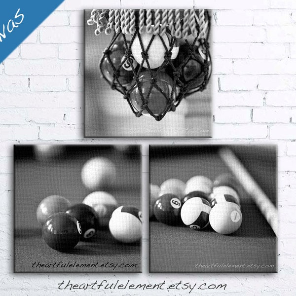 Pool room Billiards wall art Game room decor Black and white canvas art home decor Set of three, Billiard table Set