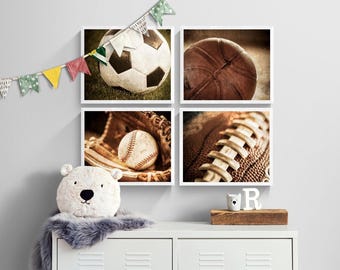Sports Decor for Boys Room, Set of 4 Prints, Vintage Sports wall art for Teen Room: Football, Baseball, Soccer, Basketball | Print or Canvas